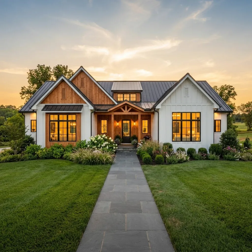 Modern farmhouse with stone paver walkway and landscaped lawn at golden hour